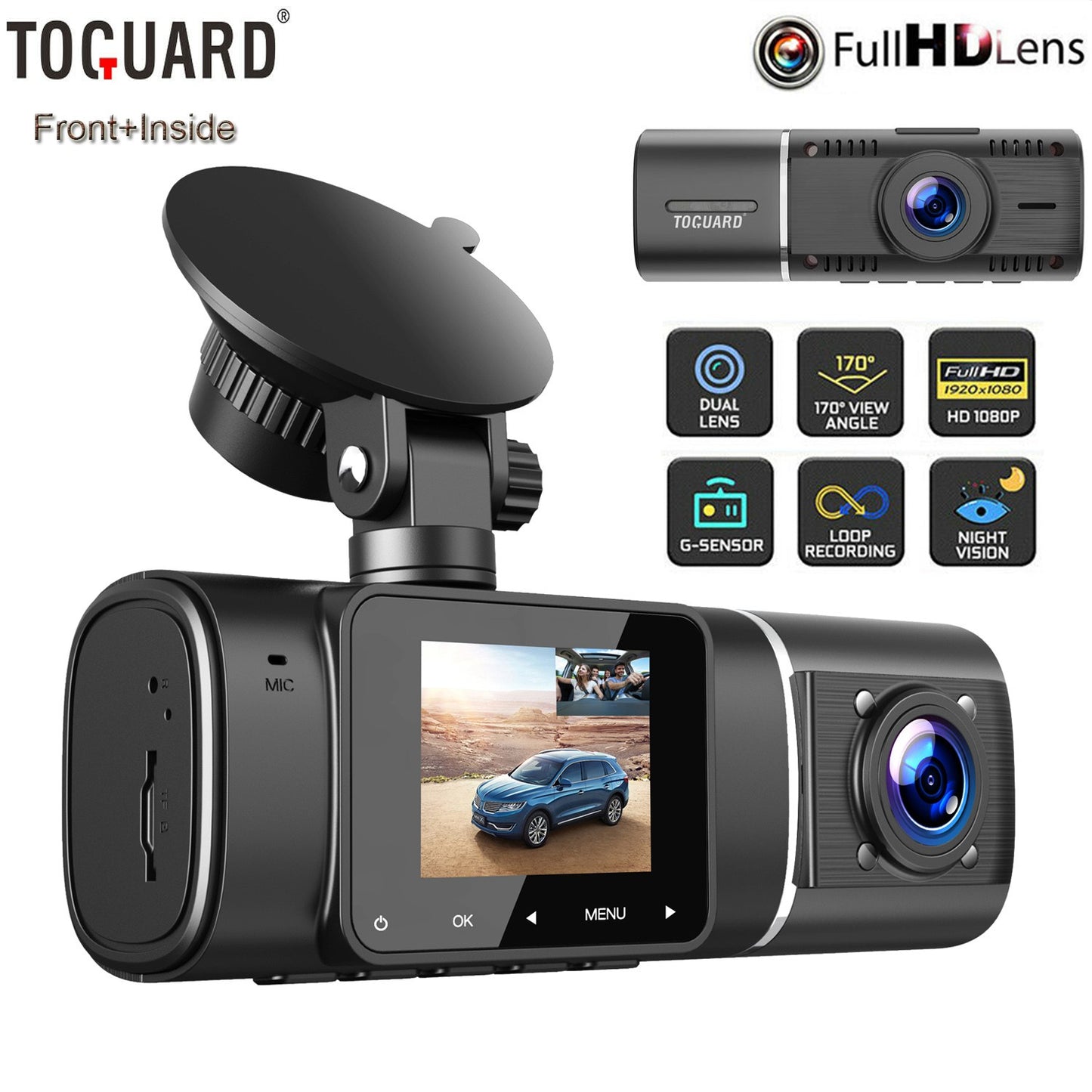 TOGUARD Dual Dash Cam FHD 1080P+1080P Front Inside Cabin Car Camera Night Vision