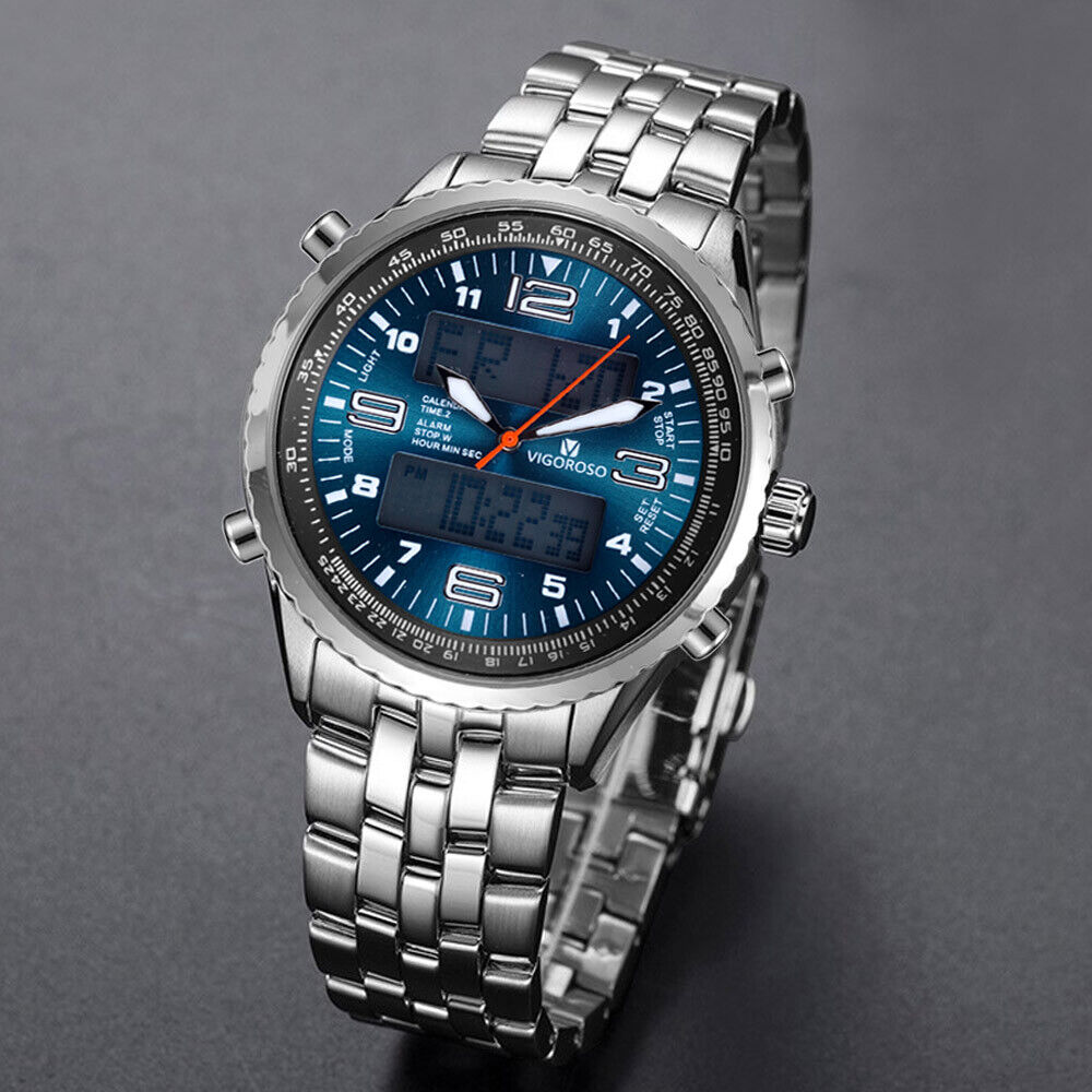 Luxury Mens Analogue Digital LED Stainless Steel Waterproof Military Sport Watch
