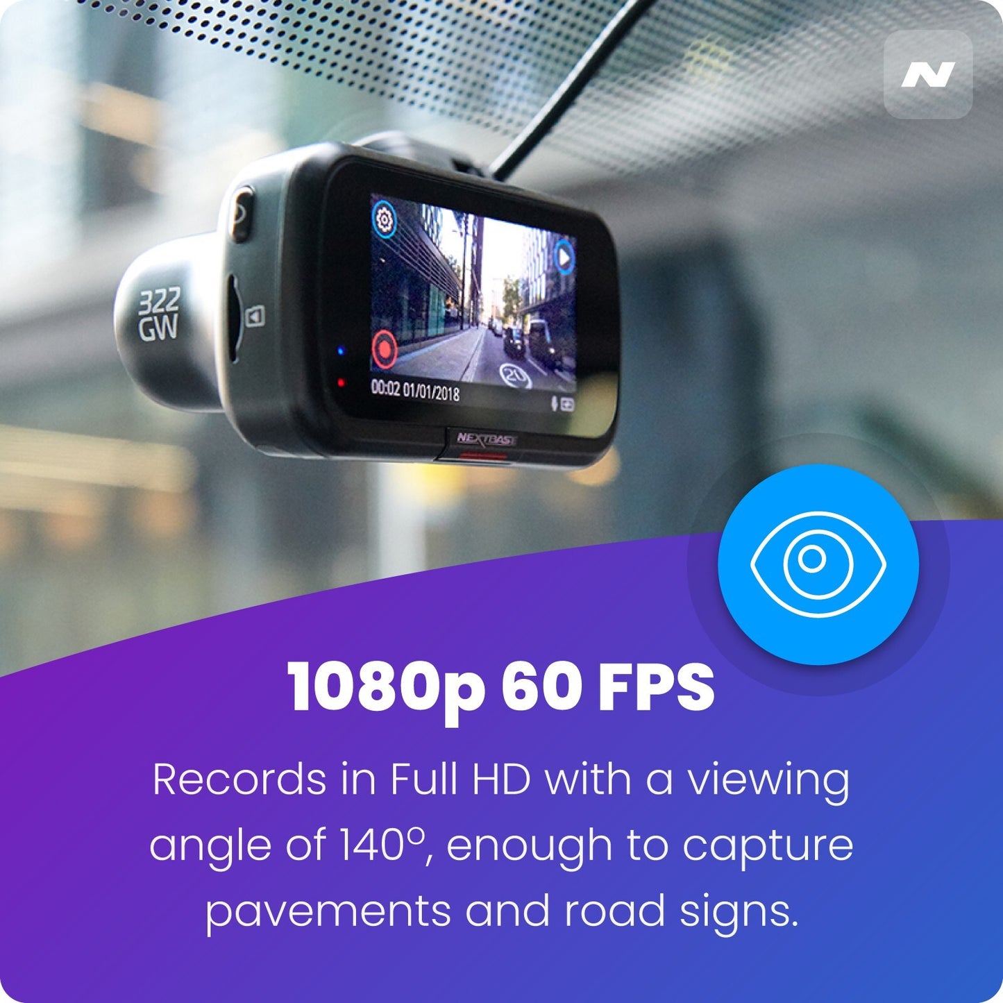 Nextbase 322GW Dash Cam with Rear View Camera Bundle - Full HD 1080p Recording