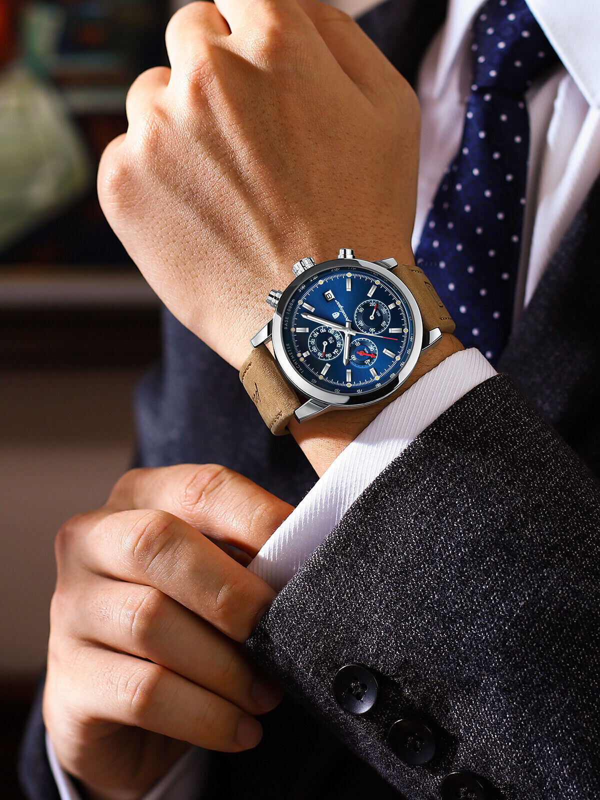 Luxury Mens Watch Waterproof Luminous Date Chronograph Leather Quartz Wristwatch