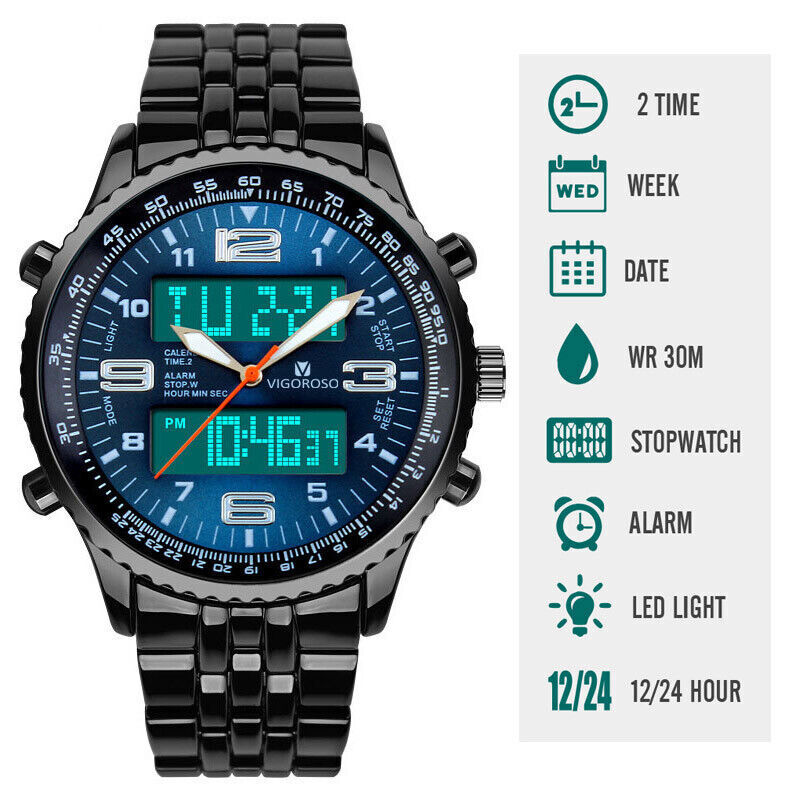 Luxury Mens Analogue Digital LED Stainless Steel Waterproof Military Sport Watch