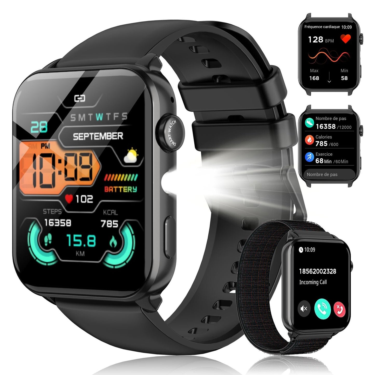 Smart Watch Bluetooth Calling Fitness Tracker Men Women LED Flashlight Watches