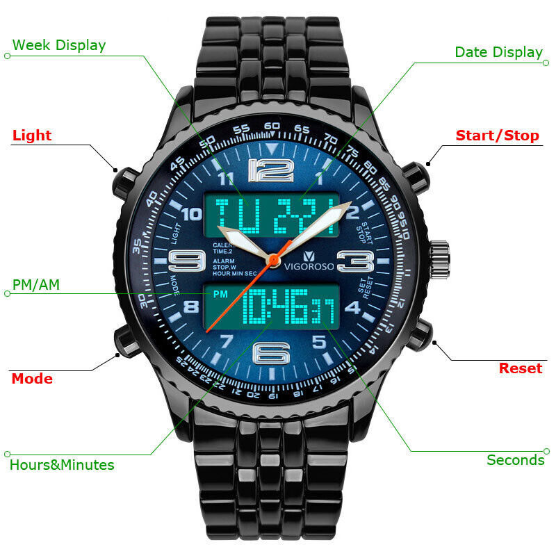Luxury Mens Analogue Digital LED Stainless Steel Waterproof Military Sport Watch