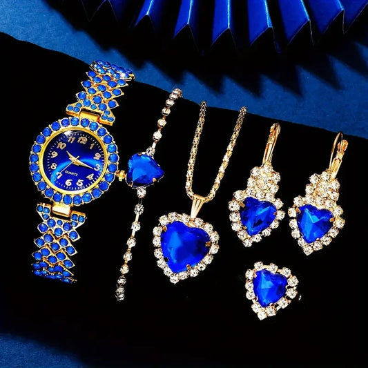 Watch Gift Set for Women Ladies Blue Gold Rhinestone 5 Pieces of Jewellery UK