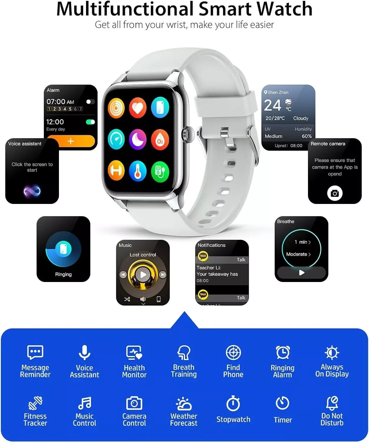 Alexa Smart Watch Calls Bluetooth Heart Rate Blood Pressure iPhone Samsung
