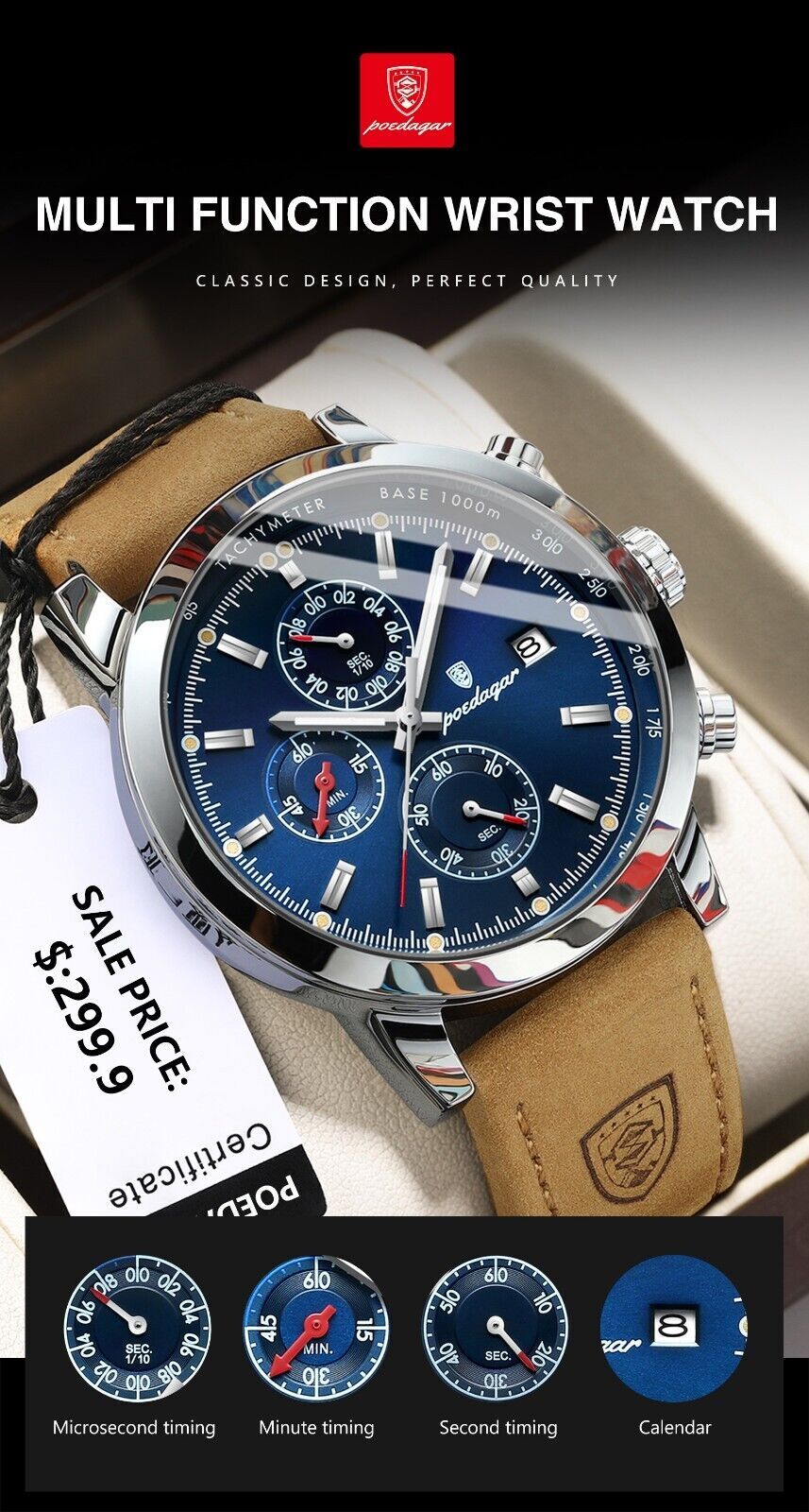 Luxury Mens Watch Waterproof Luminous Date Chronograph Leather Quartz Wristwatch