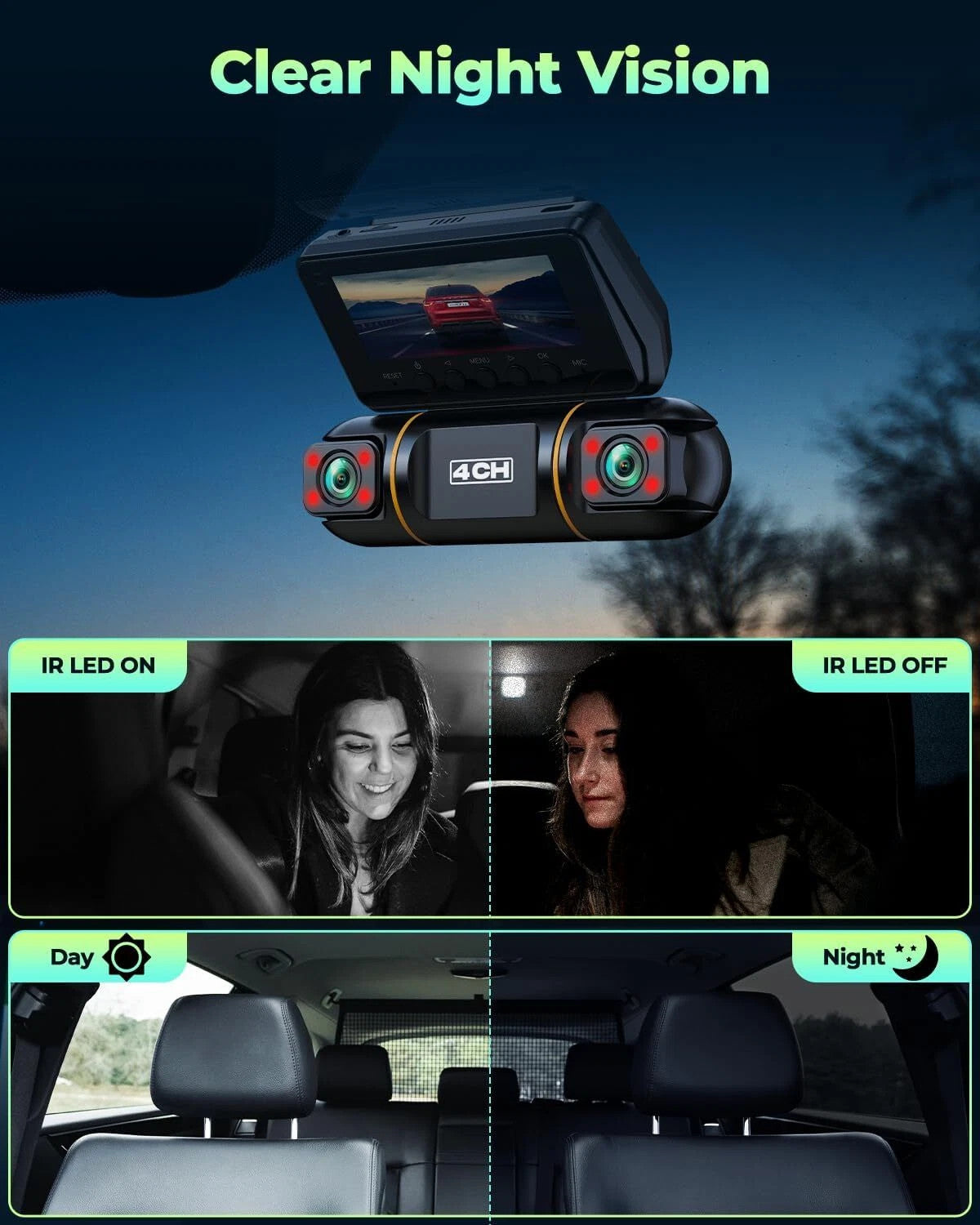 4 Channel Dash Cam 360° Front Rear Inside DashCam, FHD 1080P Car Camera 128GB